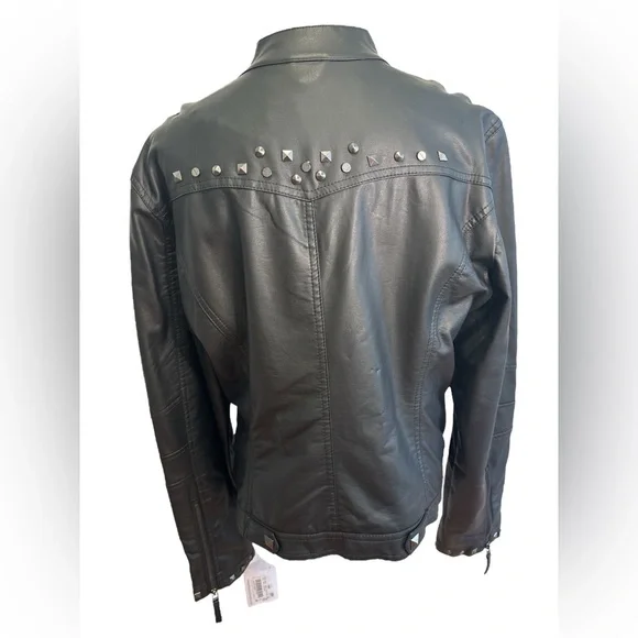 NWT 90s BLACK STUDDED MOTO JACKET ROCKABILLY VEGAN LEATHER JESSICA SIMPSON SZ XL - Picture 5 of 11